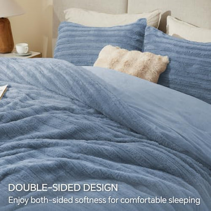 BEDELITE Faux Fur Queen Comforter Set, Fluffy Bed Set, Blue Fog