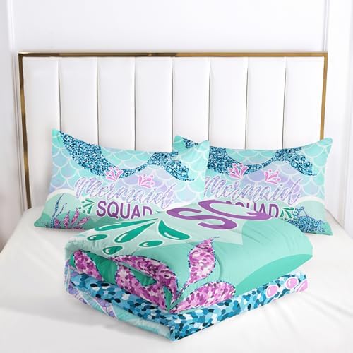 Nttopship Mermaid Tail Comforter Sets Queen Size，Bedding Sets for Kids,Mermaids Turtles Starfish Comforter Sets，Kids Room Decor with 1 Comforter with 2 Pillow Case