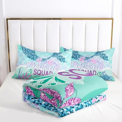 Nttopship Mermaid Tail Comforter Sets Queen Size，Bedding Sets for Kids,Mermaids Turtles Starfish Comforter Sets，Kids Room Decor with 1 Comforter with 2 Pillow Case