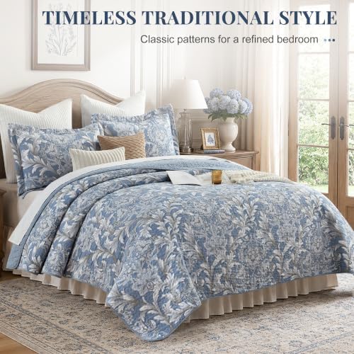 100% Cotton Queen Quilt Set - Classic Damask Quilts Queen Size - Dusty Blue