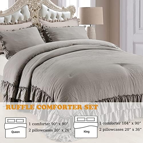 Masaca Grey Shabby Comforter Set Queen,Farmhouse Rustic Microfiber Bedding Ruffled Comforter Set,Vintage Gray Ruffle Comforter for Queen Bed Fluffy Aesthetic Bedding 3 Pieces
