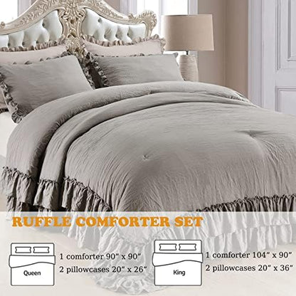 Masaca Grey Shabby Comforter Set Queen,Farmhouse Rustic Microfiber Bedding Ruffled Comforter Set,Vintage Gray Ruffle Comforter for Queen Bed Fluffy Aesthetic Bedding 3 Pieces