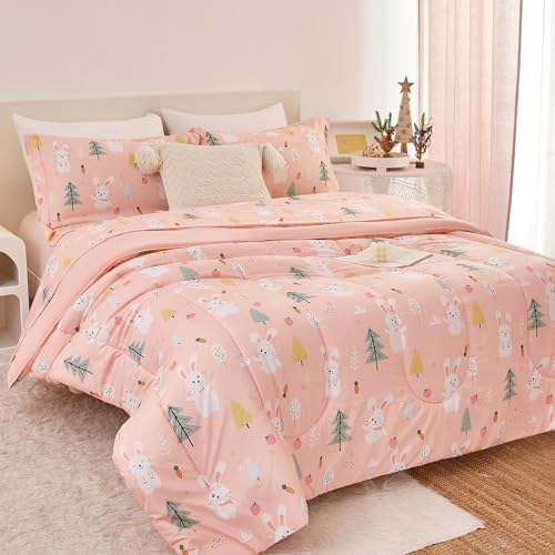 Yibeizi Pink Bunny Kids Comforter Set for Girls Twin Cute Bedding
