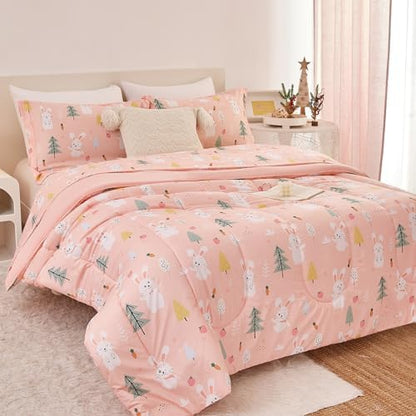 Yibeizi Pink Bunny Kids Comforter Set for Girls Twin Cute Bedding