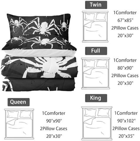 Nttopship Boys Spider Printed Comforter Set Bed in A Bag Queen Size 3PCS Black Bedding Set Cool White Spider Bedding Set Girls Boys Bedroom Decor with 2 Pillowcases, Lightweight All Season