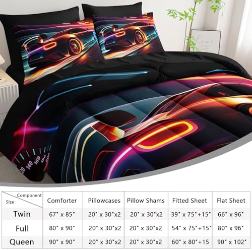 AILONEN Kids 3D Racing Car Comforter Sets Full Size,Extreme Sports Theme Bedding Set Bed in a Bag for Boys Teens,Modern Race Car Comforter & Fitted Sheet + Flat Sheet & 2 Pillowcases,2 Pillow Shams