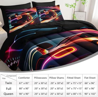 AILONEN Kids 3D Racing Car Comforter Sets Full Size,Extreme Sports Theme Bedding Set Bed in a Bag for Boys Teens,Modern Race Car Comforter & Fitted Sheet + Flat Sheet & 2 Pillowcases,2 Pillow Shams