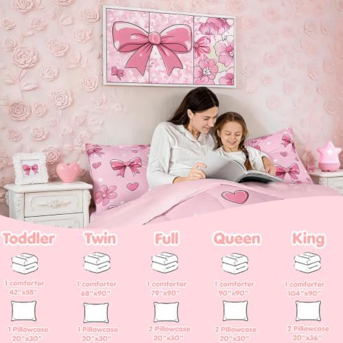 jejeloiu Pink Bow Kids Comforter Set King Size Bowknot Bedding Set Butterfly Bowknot Duvet Quilt for Kids Boys Girls Bedroom Pink Decor Microfiber Ultra Soft Breathable
