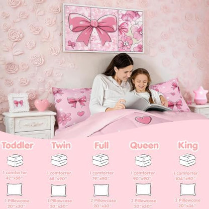 jejeloiu Pink Bow Kids Comforter Set Full Size Bowknot Bedding Set Butterfly Bowknot Duvet Quilt for Kids Boys Girls Bedroom Pink Decor Microfiber Ultra Soft Breathable