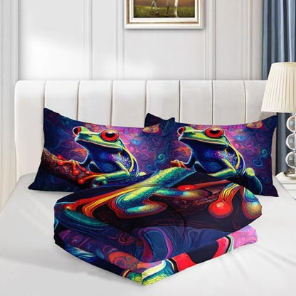 AILONEN Cartoon Funny Frog Bedding Sets Queen Size,Tropical Amphibians Comforter Set,Boho Style Duvet Set,1 Quilt + 2 Pillowcase,Soft Breathable