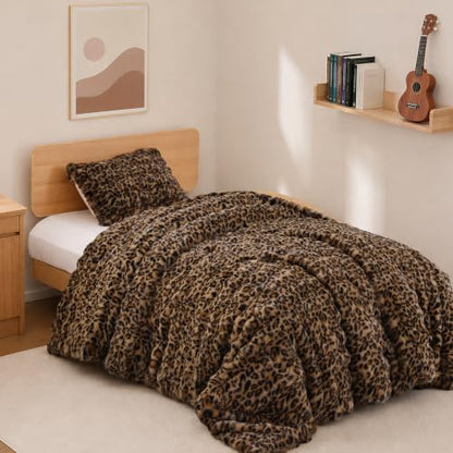YIKUSH Leopard Print Faux Fur Comforter Set, Fluffy Cheetah Comforter Twin