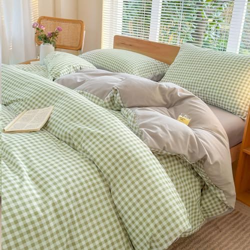 NSNLGSGC Sage Green Gingham Duvet Cover Set, Queen