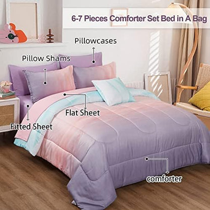 Dinjoy Girls Comforter Set Twin Size Colorful Ombre Blue Pink Purple Rainbow Bedding Set 6 Pieces Bed in A Bag for Kid Teen (1 Comforter, 1 Flat Sheet, 1 Fitted Sheet, 1 Pillow sham, 2 Pillowcases)
