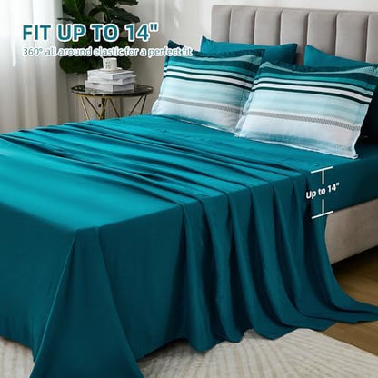 Dobuyly Teal Comforter California King Size 7 Pieces, Blue Boho Striped Bed in a Bag Set Soft Microfiber All Season Bedding Set with Comforter, Sheets, Pillowcases & Shams