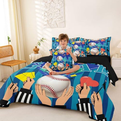 Erosebridal Boys Baseball Gaming Pattern Navy Blue Boys Kids Comforter Set Queen Size 7 Pieces | Playground Bed in A Bag Ball Games Sports Theme Bed Set Stripes Geometric Bedding