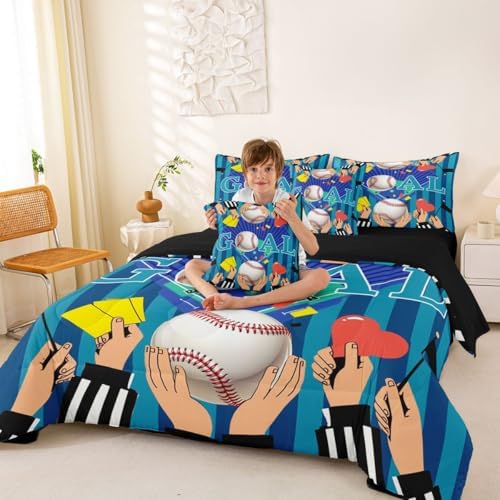 Erosebridal Boys Baseball Gaming Pattern Navy Blue Boys Kids 7 Piece Bedding Set Twin | Playground Comforter Set with Sheets Ball Games Sports Theme Bed in A Bag Stripes Geometric Bed Sets