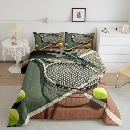 Castle Fairy 3D Tennis Racket Bedding Set Full Size Cool Modern Ball Games Comforter Set for Girls Boys Room Decor Tennis Sports Lover Down Comforter Outdoor Activities Quilt Set with 2 Pillowcases