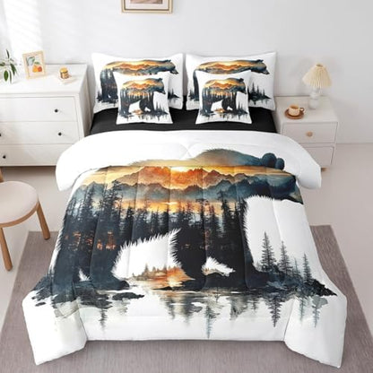 Feelyou Bear Comforter Set 7 Pieces Twin Size Rustic Cabin Country Bedding Set for Boys Girls Nature Wildlife Bed in a Bag with Comforter, Sheets, Pillowcases & Cushion Covers