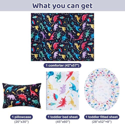 lasoftan Toddler Bedding Set, Toddler Bed Comforter Sets for Girls, Toddler Bed Set, Space Dinosaur Printed