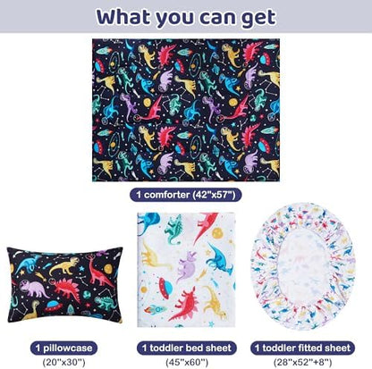 lasoftan Toddler Bedding Set, Toddler Bed Comforter Sets for Girls, Toddler Bed Set, Space Dinosaur Printed