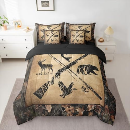 Erosebridal Hunting & Fishing Comforter Set Twin 7 Piece Tree Camo Bedding with Sheets for Kids & Adults Woodland Wildlife Bass Fish Duck Bear Deer Bed in A Bag Rustic Farmhouse Cabin Set