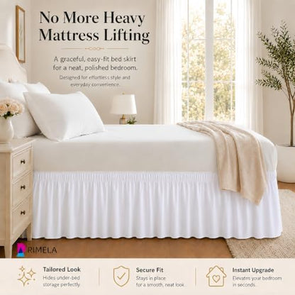 RIMELA White Bed Skirt King Size 15 Inch Drop, Elastic Bed Skirting for Bed Base and Frame, Bedding Dust Ruffle, Lightweight Wrap Around Adjustable Bedskirt, Cal King