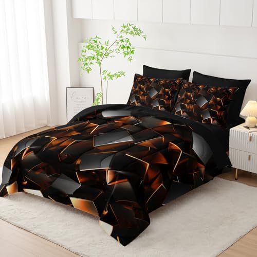 Nttopship Black and Yellow Geometric Comforter Set Queen Size 7PCS,Abstract Triangular Printed Bedding Set for Adults,Geometric Mordern Art Decor All Seasons with Pillowcases,Flat, Fitted Sheet