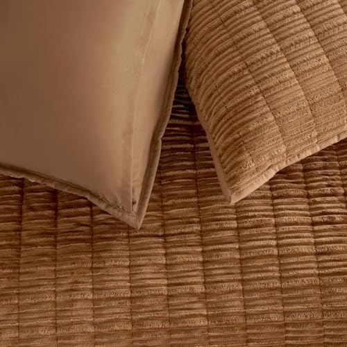 Wonderful Corduroy Texture Caramel Quilt Set Queen - Hypoallergenic Skin-Friendly Soft Plush Velvety Touch Bedspread, Classic Vertical Striped Lightweight Coverlet for All Season, 106"x94"