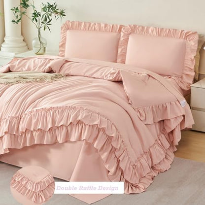 ANGIYUIN Twin Comforter Sets Blush Pink 5 Pieces Ruffled Girls Bed in A Bag