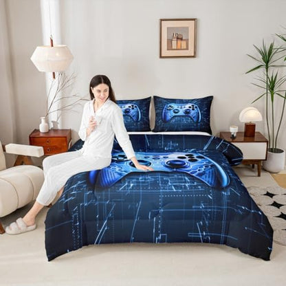 Teens Gamer Comforter Set Queen Size,Gaming Bedding Set for Kids Boys Girls Bedroom Decoration,Honeycomb Gamepad Bed Duvet Insert,Video Game Controller Comforter with 2 Pillowcases,Blue Black