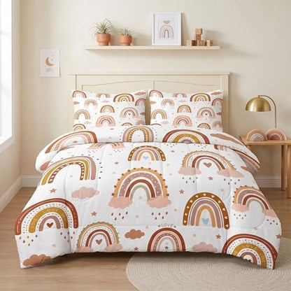Pamnest Comforter Set King Size, Boho Rainbow Pink Soft 3 Pcs Bedding for Kids and Adults, Love Colorful Nursery Comforter Set with 2 Pillowcases, for Bedroom Bed Decor