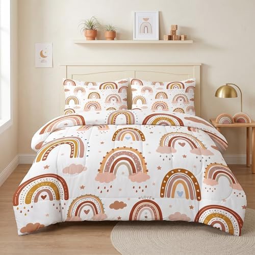Pamnest Comforter Set Full Size, Boho Rainbow Pink Soft 3 Pcs Bedding for Kids and Adults, Love Colorful Nursery Comforter Set with 2 Pillowcases, for Bedroom Bed Decor