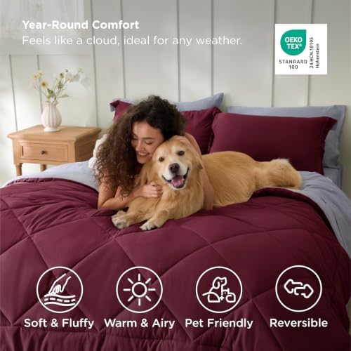 Bedsure Twin Comforter Set Reversible Bed Set 5 Pieces Red/Silver Grey