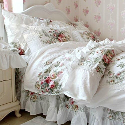 FADFAY Farmhouse Bedding Elegant and Shabby Vintage Rose Floral Duvet Cover Bedskirt Lovely White Lace and Ruffle Style Exquisite Craft 100% Cotton,Full Size 4-Pieces