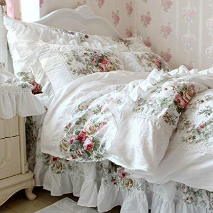 FADFAY Farmhouse Bedding Elegant and Shabby Vintage Rose Floral Duvet Cover Bedskirt Lovely White Lace and Ruffle Style Exquisite Craft 100% Cotton,Full Size 4-Pieces