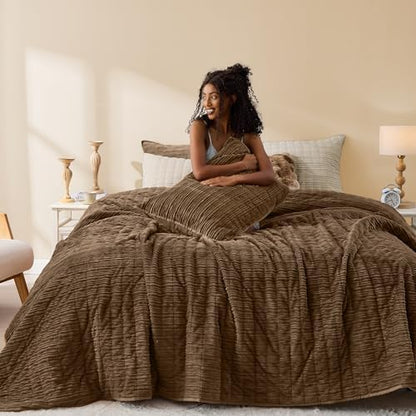 Wonderful Corduroy Texture Cocoa Brown Quilt Set Queen - Hypoallergenic Skin-Friendly Soft Plush Velvety Touch Bedspread, Classic Vertical Striped Lightweight Coverlet for All Season, 106"x94"