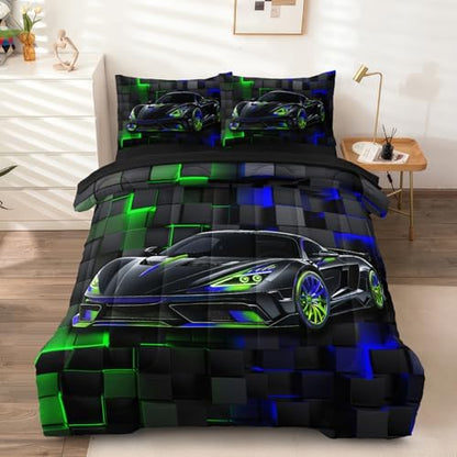 5 Pcs Car Comforter Sets for Boys, Cool Blue Green Race Car Full Size Car Bedding Set for Boys Teens