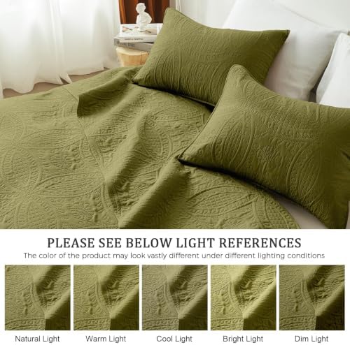 akkialla 118"x106" Olive Green California King Quilt Set, Oversized Floor-Length Bedspread, Modern Coin Pattern Microfiber Coverlet, 3-Piece All Season Bedding with 2 Pillow Shams