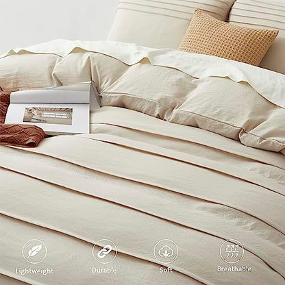 Oli Anderson 3PCS Pleated Duvet Cover Set, Light Khaki, Queen