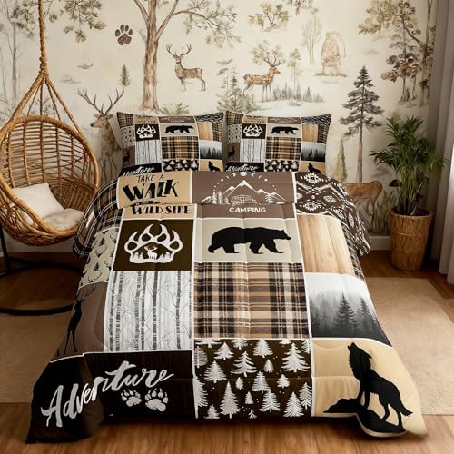 Rustic Farmhouse Kids Comforter Set Twin Size,Deer Antlers Bear Paws Plaids Patchwork Bedding Set for Boys Girls Adults Room Decor,Pine Trees Xmas Down Comforter,Brown Duvet Insert,1 Pillowcase
