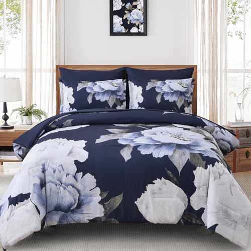 Dobuyly Navy Blue Full Size Comforter Set 7 Piece Bed in a Bag, Blue White Floral Comforter Set with Sheets, Soft Microfiber Botanical Flowers Complete Bedding Set for All Season