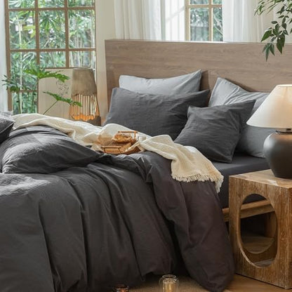 MooMee Wavy Striped Duvet Cover Set 100% Washed Cotton Linen Like Textured Breathable Durable Soft Comfy (Charocal Grey, Twin 68"x90")