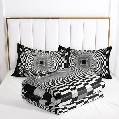 3D Black and White Geometric Pattern Comforter King Size，Black and White Checkered Bedding Set King，with 1 Comforter with 2 Pillow Case，Checkered Bedroom Decor