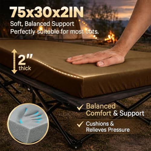 CYMULA Camping Cot Pad 2 Inch Memory Foam, Pad Only,Camping Pad for Folding Cot and Foldable Cot, Portable Roll Up Camp Gear for Car Camping Travel Tent, Non-Slip Waterproof Bottom, Removable Cover