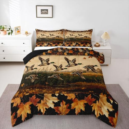 Feelyou Mallard Duck Bedding Set Soft for Boys Girls, Wild Duck Hunting Comforter Set Queen Size Cabin Farmhouse Duvet Quilt Microfiber Maple Leaf Bedroom Decor 3 Pcs with 2 Pillow Cases