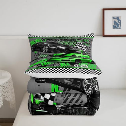 Castle Fairy Boys Race Car Twin Size Comforter Set,Kids Green Sports Car Decor All Season Bedding Set,Teens Extreme Sports Comforter,Children Decor Quilt Set Bedroom Collection 2Pcs