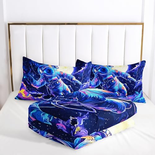 Kids Dark Blue Astronaut Comforter Set Twin Size for Boys，Outer Space Themed Twin Size Bedding Set，with 1 Comforter with 2 Pillow Case，Astronaut Themde Bedroom Decor for Boys Kids