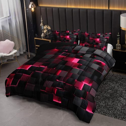 Nttopship Neon Pink Black Comforter Set Queen Geometric Kids Bedding Set,3 PCS Geometry Honeycomb Bed Set Modern Quilt Set 1 Comforter 2 Pillow Cases Cool Room Decor All Season B-Side Black
