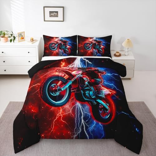Feelyou Red Racing Motocross Rider Kids Bedding Set,Boys Girls King Size,Dirt Bike Comforter Set,Red and Blue LightningUltra Soft Duvet Quilt,Extreme Sports Comforter Motorbike Bedroom Decor