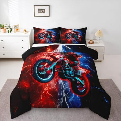 Feelyou Red Racing Motocross Rider Kids Bedding Set,Boys Girls King Size,Dirt Bike Comforter Set,Red and Blue LightningUltra Soft Duvet Quilt,Extreme Sports Comforter Motorbike Bedroom Decor